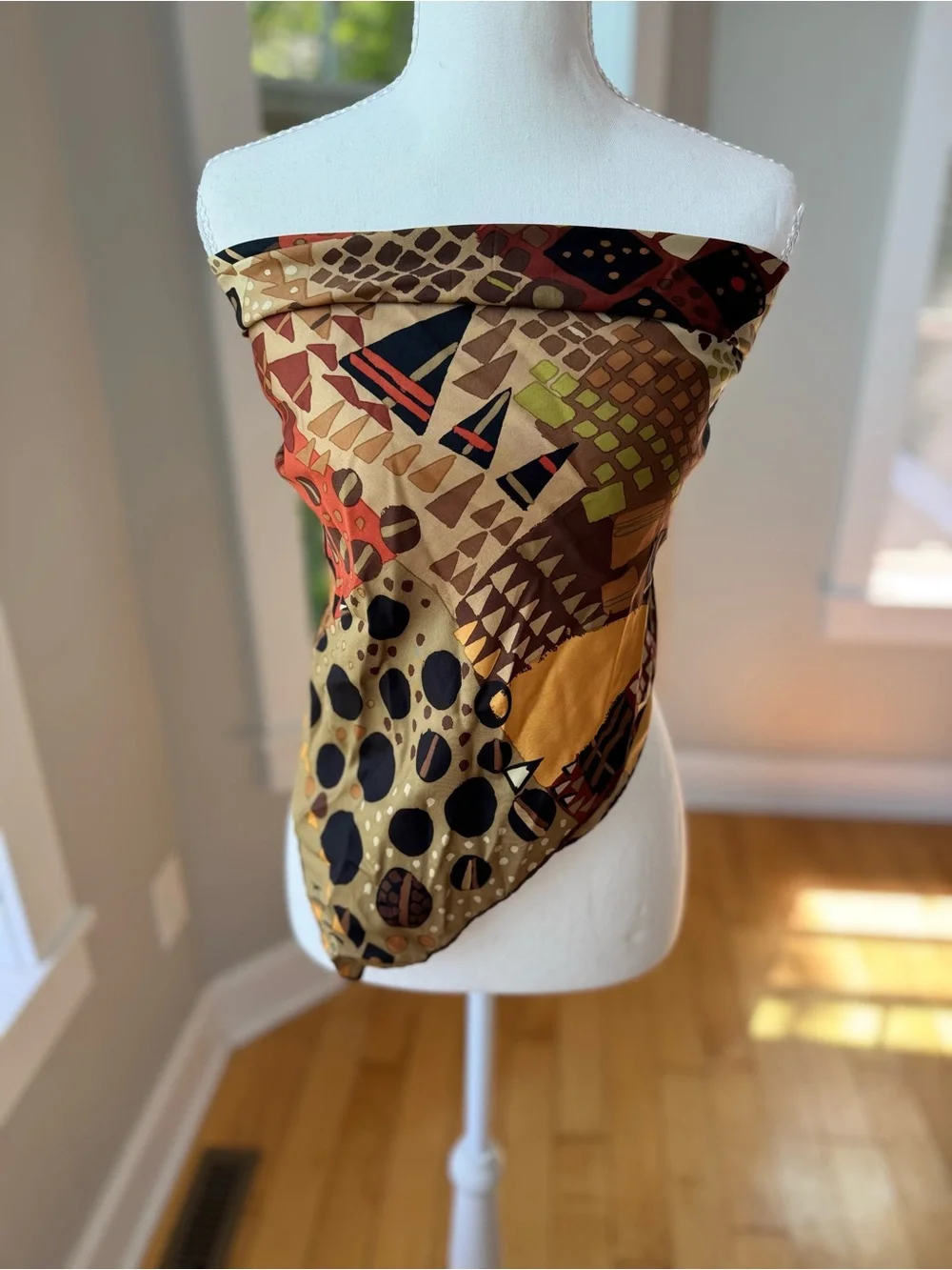 Vintage Ken Scott Made in Italy Multicolor Large Square Silk Scarf Tan Black